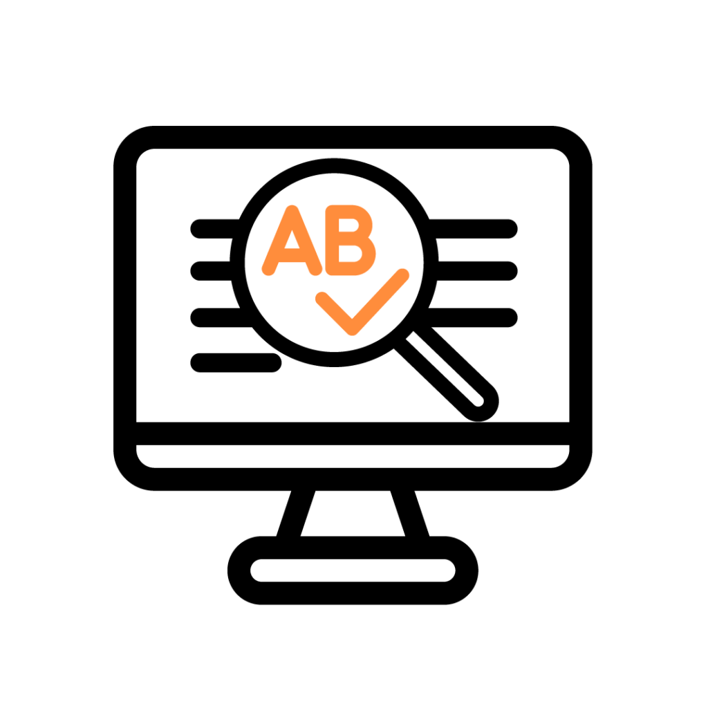 Literacy support tools. A digital icon representing literacy support software. The image features a computer screen displaying lines of text with a magnifying glass highlighting "AB" and a checkmark, symbolising spelling and grammar assistance. The design uses black outlines with orange highlights.