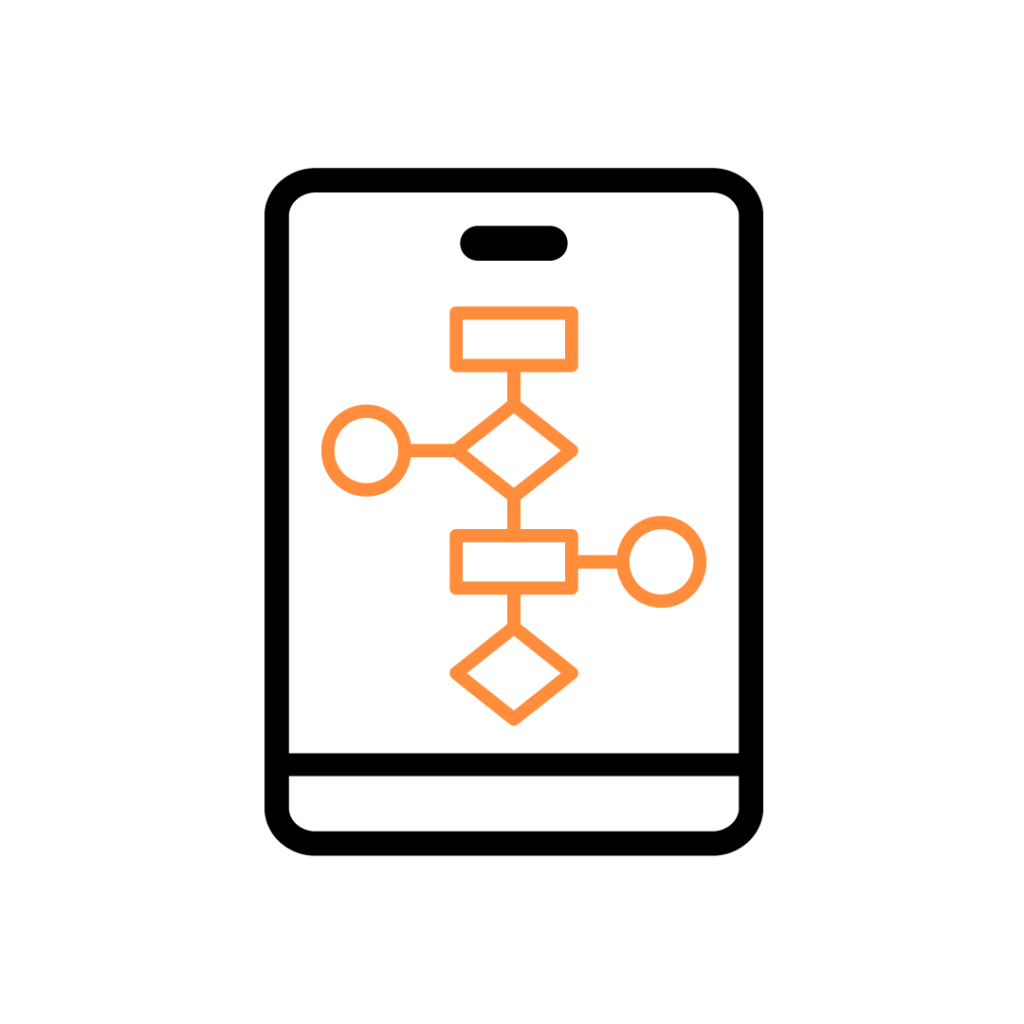 Mind mapping software. Icon of a digital mind mapping tool displayed on a tablet screen. The graphic features interconnected nodes and shapes in orange, representing idea organisation and workflow structuring.